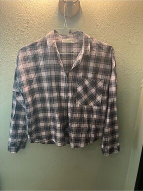 Pull&Bear Gray and Pink Plaid Cotton Button-Up Shirt